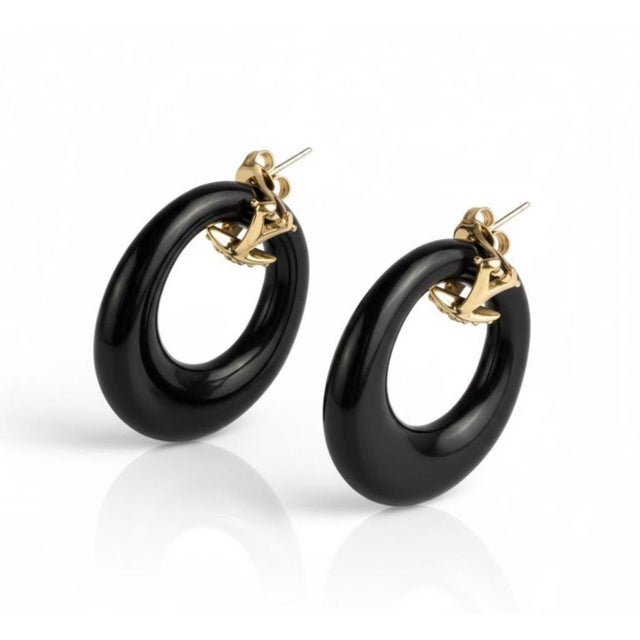 14k Yellow Gold Door Knocker Earrings, 0.58ct Diamond & Onyx, New, A Pair For Sale - Image 9 of 9