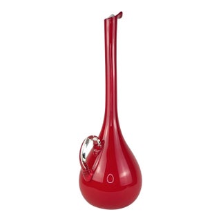 19" Mid 20th Century Italian Cased Ruby Red & Opalina Glass Ewer — Murano / Empoli Style For Sale