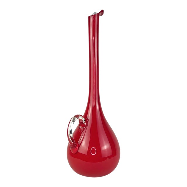 19" Mid 20th Century Italian Cased Ruby Red & Opalina Glass Ewer — Murano / Empoli Style For Sale