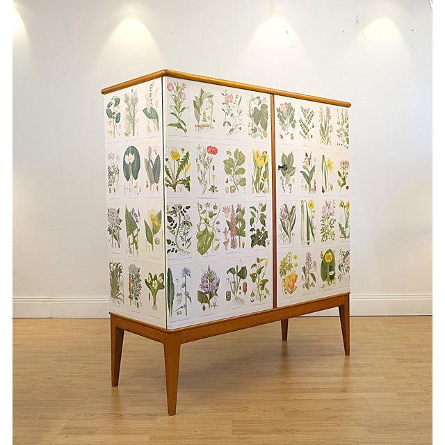 Beautiful cabinet crafted in birch in Sweden in 1940s, covered with illustrations Nordens Flora by CAM Lindman, the same...