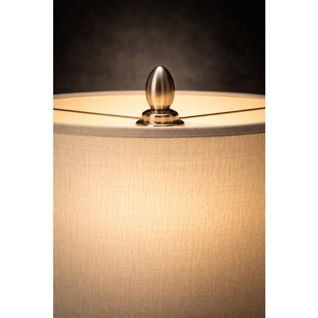 Vintage Hammered Bronze Table Lamp With Chevron Nickel Band & Linen Shade – Sculptural Designer Style – 34” For Sale - Image 4 of 12