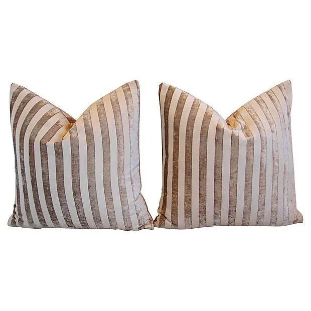 24" Custom Tailored French Velvet Striped Feather & Down Pillows - a Pair For Sale - Image 4 of 7