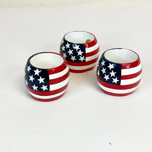 Vintage Americana Arts & Crafts Boho Chic Painted Wood Flag Motif Napkin Rings - Set of 6 - 4th of July For Sale - Image 10 of 14