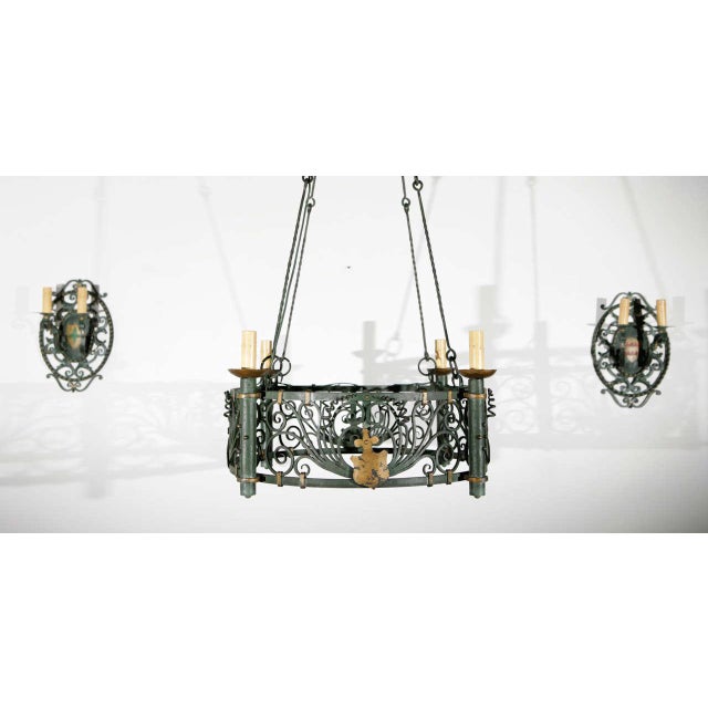 French French Filigreed Green With Gold & Red Emblem Sconces - a Pair For Sale - Image 3 of 11
