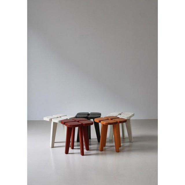 Set of 5 "Apila" pine stools by Finnish designer Rauni Peippo made in the 1950s at Kervo Snickers for Oy Stockmann,...