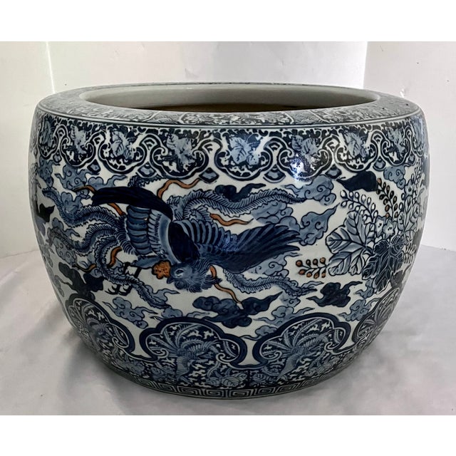 Large 20" Vintage Japanese Blue & White Porcelain Phoenix Jardinière - Signed For Sale In Dallas - Image 6 of 18