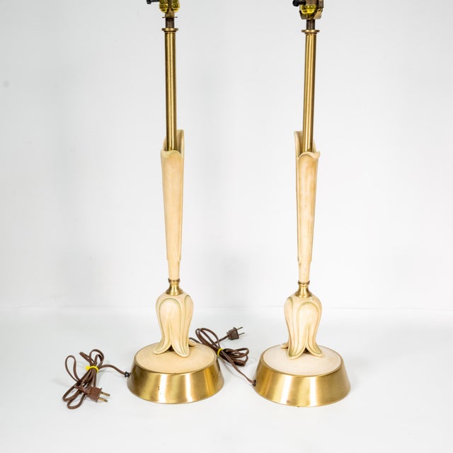 1960s Hollywood Regency Gold & Painted Brass Upside Down Tulip Lamps