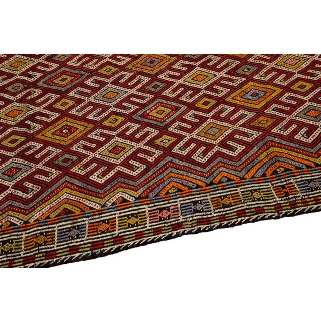 Traditional Vintage Persian Soumak Handmade Ruby-Red Geometric Wool Rug For Sale - Image 3 of 8