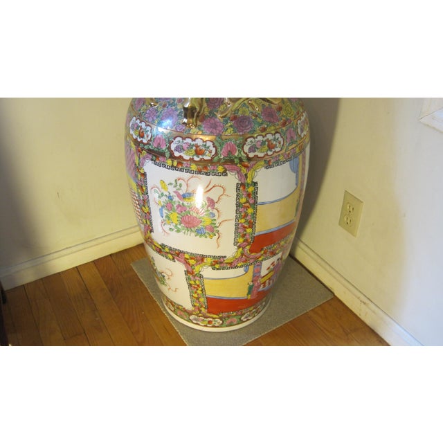 Large Chinese Famille Rose (Canton-Style) Porcelain Floor Vase Featuring Court Scenes, Floral Panels, and Applied Gilt Dragon/Lion Handles. For Sale In Boston - Image 6 of 7