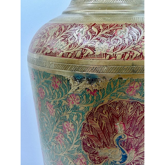 Mid 20th Century Vintage Indian Brass Peacock Vase, Etched Enamel Pedestal Vase, Made in India For Sale - Image 5 of 6