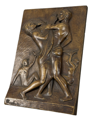 High Relief Falconer Sculpture Panel in Wood by P. Conforti, 20th Century