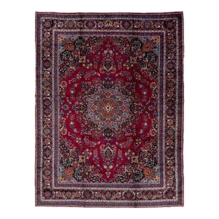 1950s Vintage Kashan Persian Medallion Wool Rug in Red For Sale