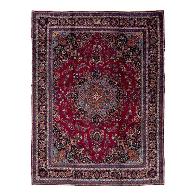 1950s Vintage Kashan Persian Medallion Wool Rug in Red For Sale