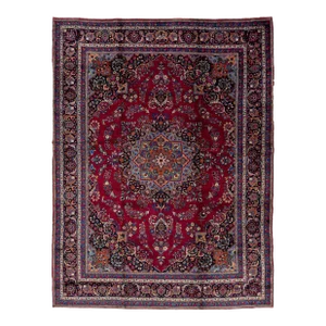 1950s Vintage Kashan Persian Medallion Wool Rug in Red