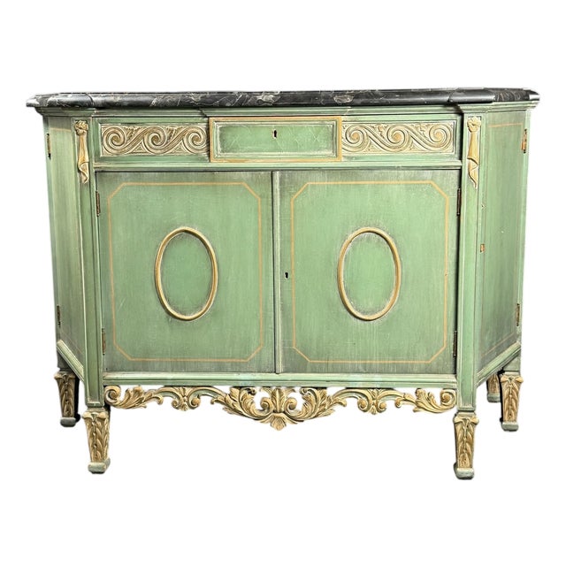 Vintage Neoclassical Green & Gold Painted Sideboard / Buffet With Black Marble Top For Sale