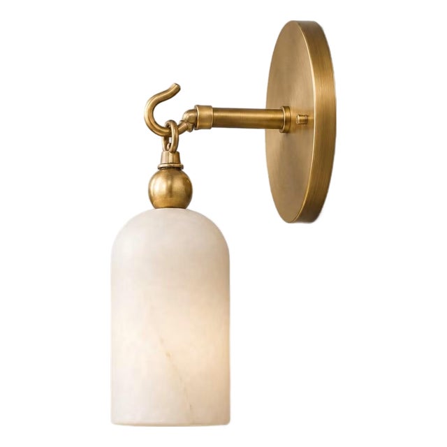 Handcrafted Brass Wall Sconce With Natural Alabaster Cylinder Shade | Sculptural Accent Light For Sale