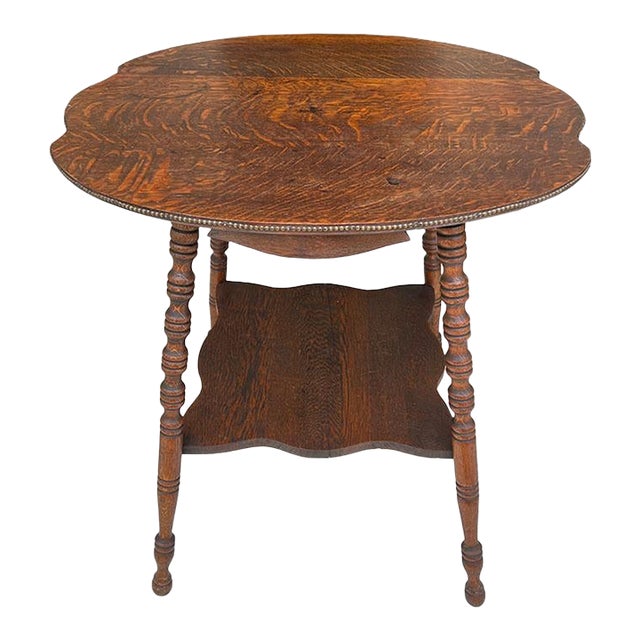 Early Antique Tiger Oak Side or Parlor Table With Turned Legs Early