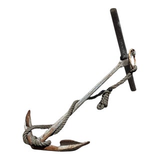 Antique English Victorian Maritime Cast Iron Large Boat Ship's Anchor and Rope For Sale