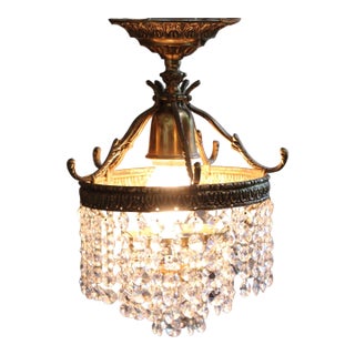 Vintage Brass Ceiling Fixture With Crystal Beads For Sale