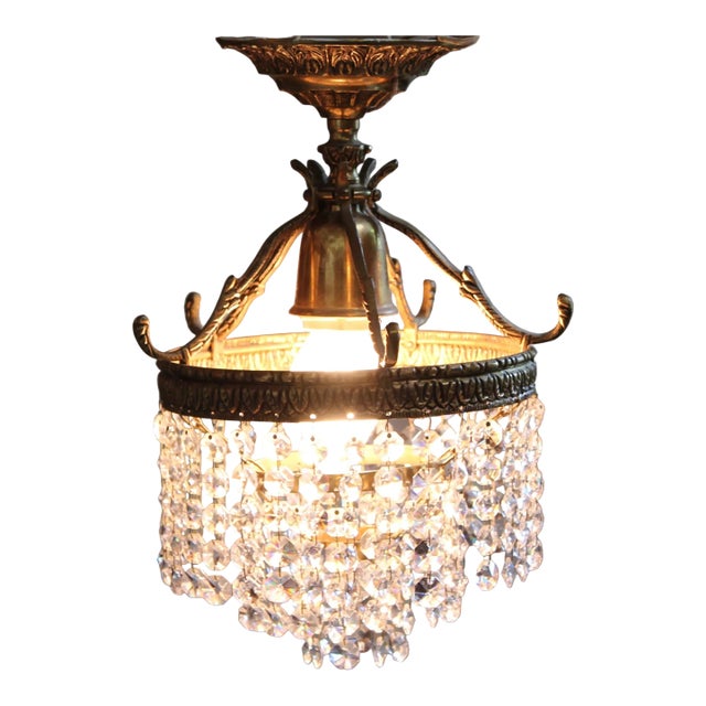 Vintage Brass Ceiling Fixture With Round Crystal Prisms For Sale