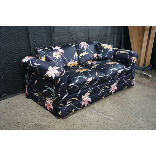 Wood Pair Mid Century Erwin-Lambeth for John Stuart Botanical Lily Rolled Arm Sofas For Sale - Image 7 of 17