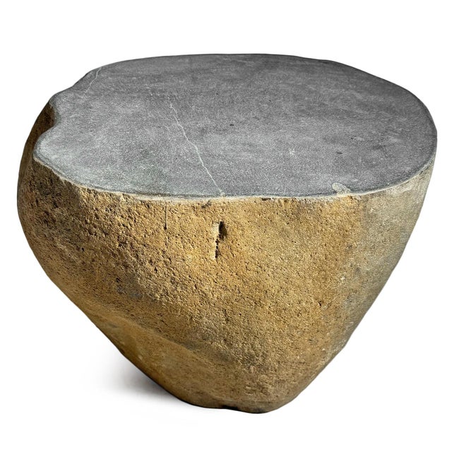 Solid heavy stone boulder vintage outdoor side table or stool. This rustic organic modern piece will look beautiful and...