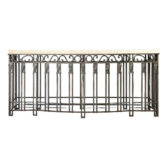 Vintage Deco Stone Top Long Wrought Iron Console Table For Sale