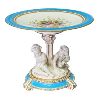 Antique Royal Worcester Turquoise & Gilt Porcelain Glazed Compote or Cake & Sweet Stand With Cherubs / Putti Late 1800's For Sale