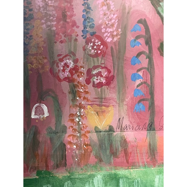 1970s Abstract Modern Naive Mix D Media Painting Magic Garden Signed For Sale - Image 4 of 6