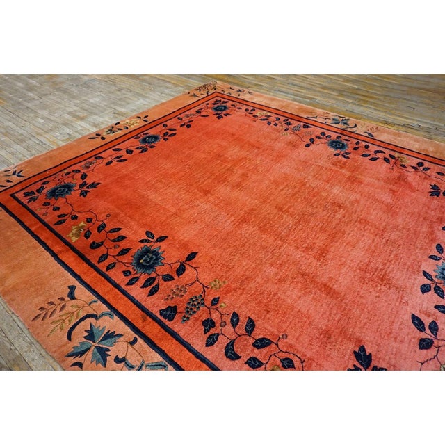 1920s 1920s Coral Open Field Antique Chinese Art Deco Square Knotted Pile Floral Rug For Sale - Image 5 of 10