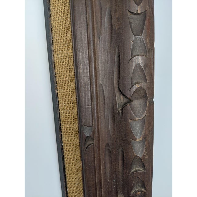 1930s Large Vintage Arts & Crafts Hand-Carved Dark Brown Wood Frame With Linen Liner For Sale - Image 5 of 11