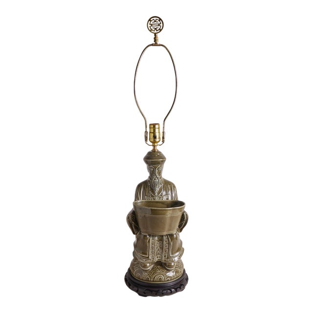 1970s Chinoiserie Green Ceramic Lamp For Sale