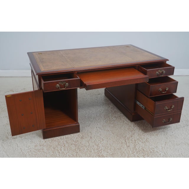 English English Leather Top 3 Part Executive Partners Desk For Sale - Image 3 of 18