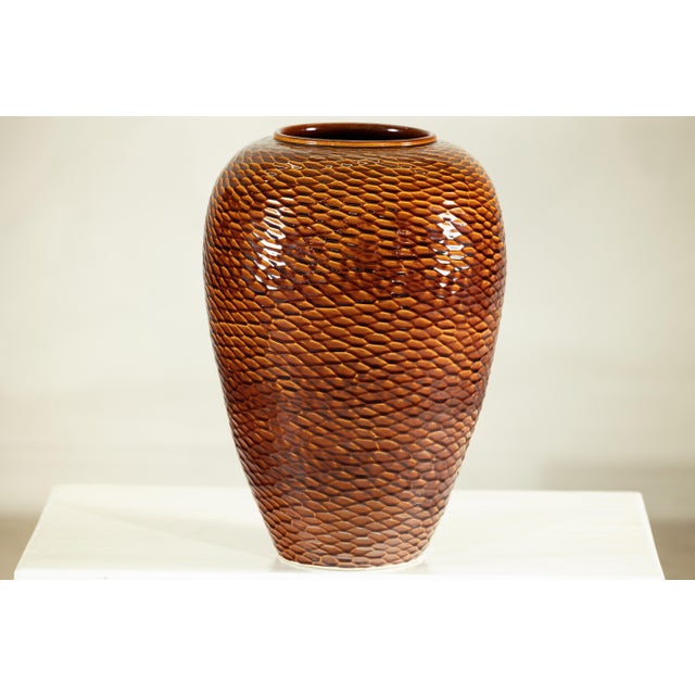 Amber Artisan Large Honeycomb-Textured Ceramic Vase in Warm Amber Glaze For Sale - Image 8 of 18