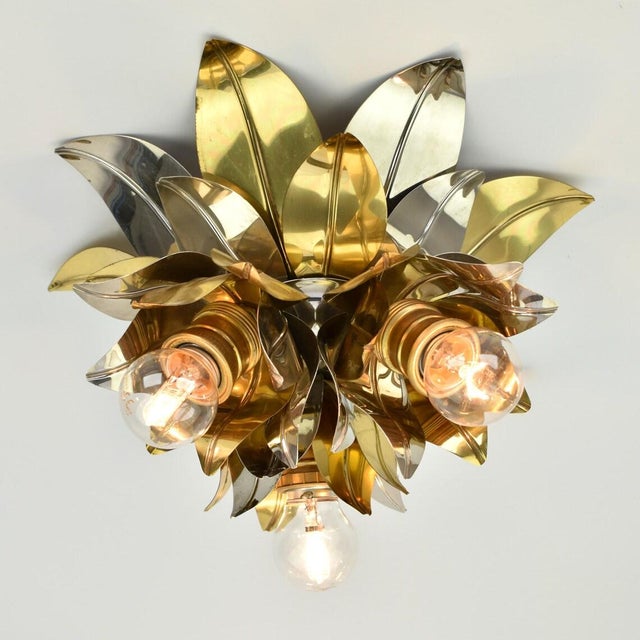 Vintage Mid Century Modern Maison Jansen Style Flush Mount | Gold Silver Brass Aluminium Flower Ceiling Light Fixture Lamp | Bagues Banci Italian For Sale - Image 9 of 10