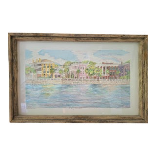 Late 20th Century Jeanie Drucker Battery Reflections Charleston Sc Framed Watercolor Print 17x11 For Sale