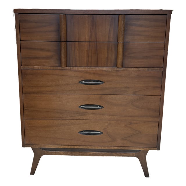 Mid-Century Modern Walnut Tall Chest / Highboy Dresser – Sculptural Front, 1960s Kent Coffee Style For Sale