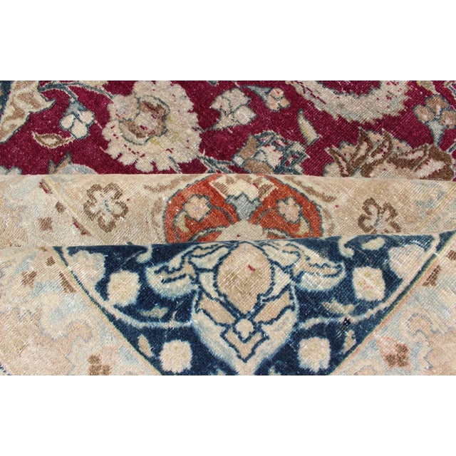 Layered Floral Medallion Antique Persian Mashad Rug in Red, Blue and Cream For Sale - Image 11 of 13