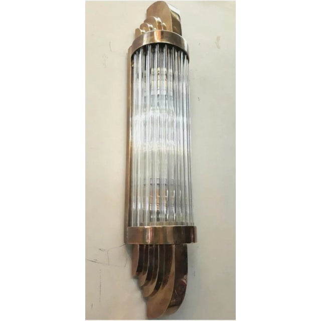 1940s Skyscraper Art Deco Brass & Glass Rod Ship Light Fixture Wall Sconce For Sale - Image 6 of 8