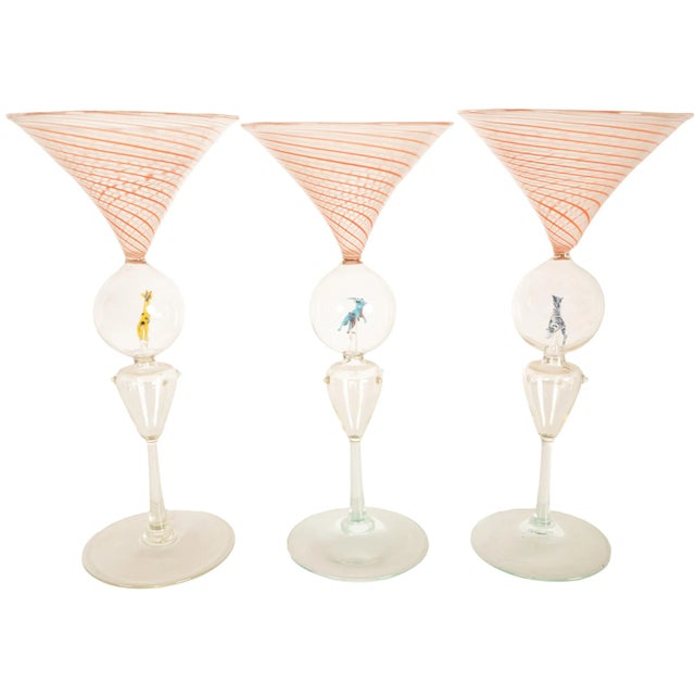 Bimini Glass Antique Set 3 Handblown Martini Glasses Animals Bimini Werkstätte Austria 1925 For Sale - Image 4 of 15