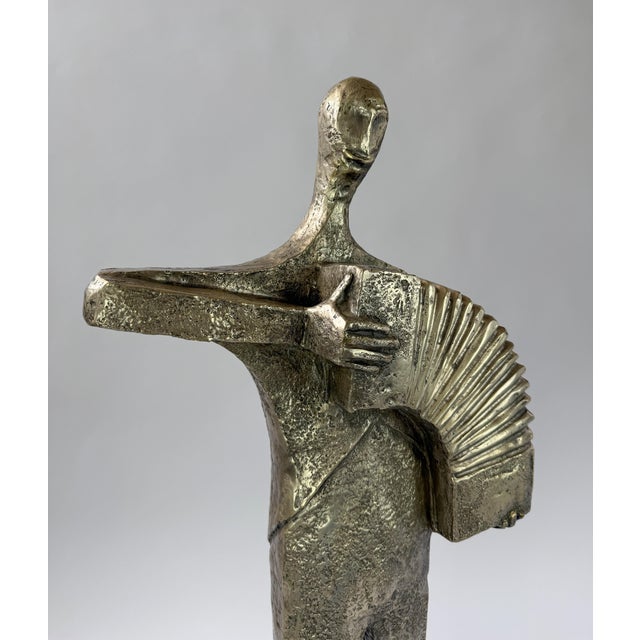 Mid-Century Modern Large Mid-Century Modern Bronze Musician Sculpture With Accordion on Marble Base - 34"h For Sale - Image 3 of 7
