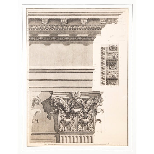 Neoclassical Etching of a architectural cornice and a Corithian capital by Francesco Piranesi (Italian, 1758 - 1810)....