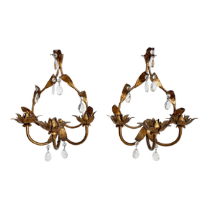 Vintage Italian Tole Iron & Crystal Candle Sconces- a Pair