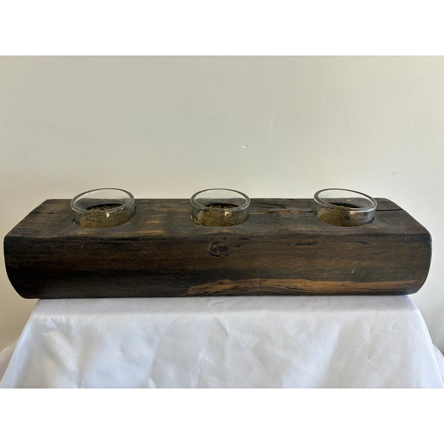 Vintage Rustic Wooden Candle Holder With Glass Inserts For Sale - Image 4 of 10