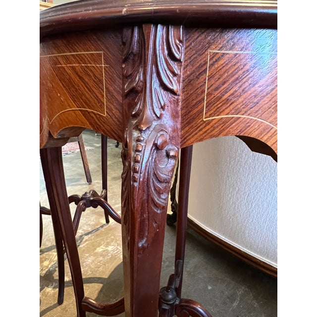 American Late 20th Century Carved Round Walnut Side Tables With Marble Top For Sale - Image 3 of 7
