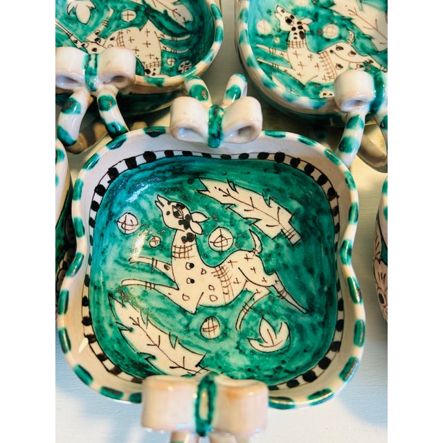 Vintage Italian Vietri Earthenware Pottery Handpainted Leaping Deer Emerald Green Salad Service for 8 For Sale - Image 10 of 12