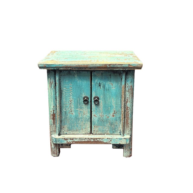 1990s 16.25" Distressed Light Blue 2 Doors End Table Nightstand Chest For Sale - Image 5 of 6