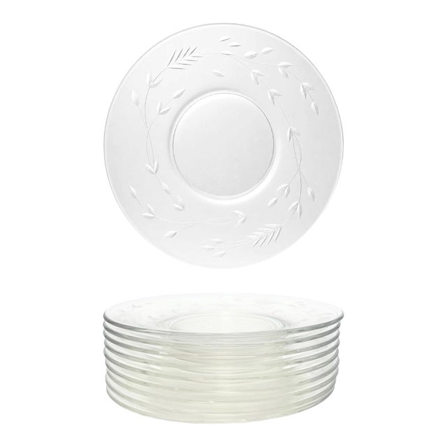 1950s Mid-Century Vintage Etched Wreath Leaves & Sprigs Salad Plates - Set of 9 For Sale