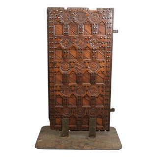 18/19th C. Hand Made Door, Carved Medallions & Custom Iron Base For Sale