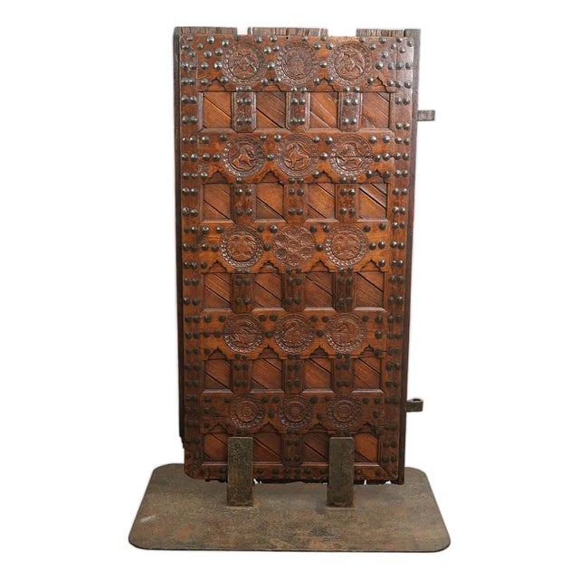 18/19th C. Hand Made Door, Carved Medallions & Custom Iron Base For Sale